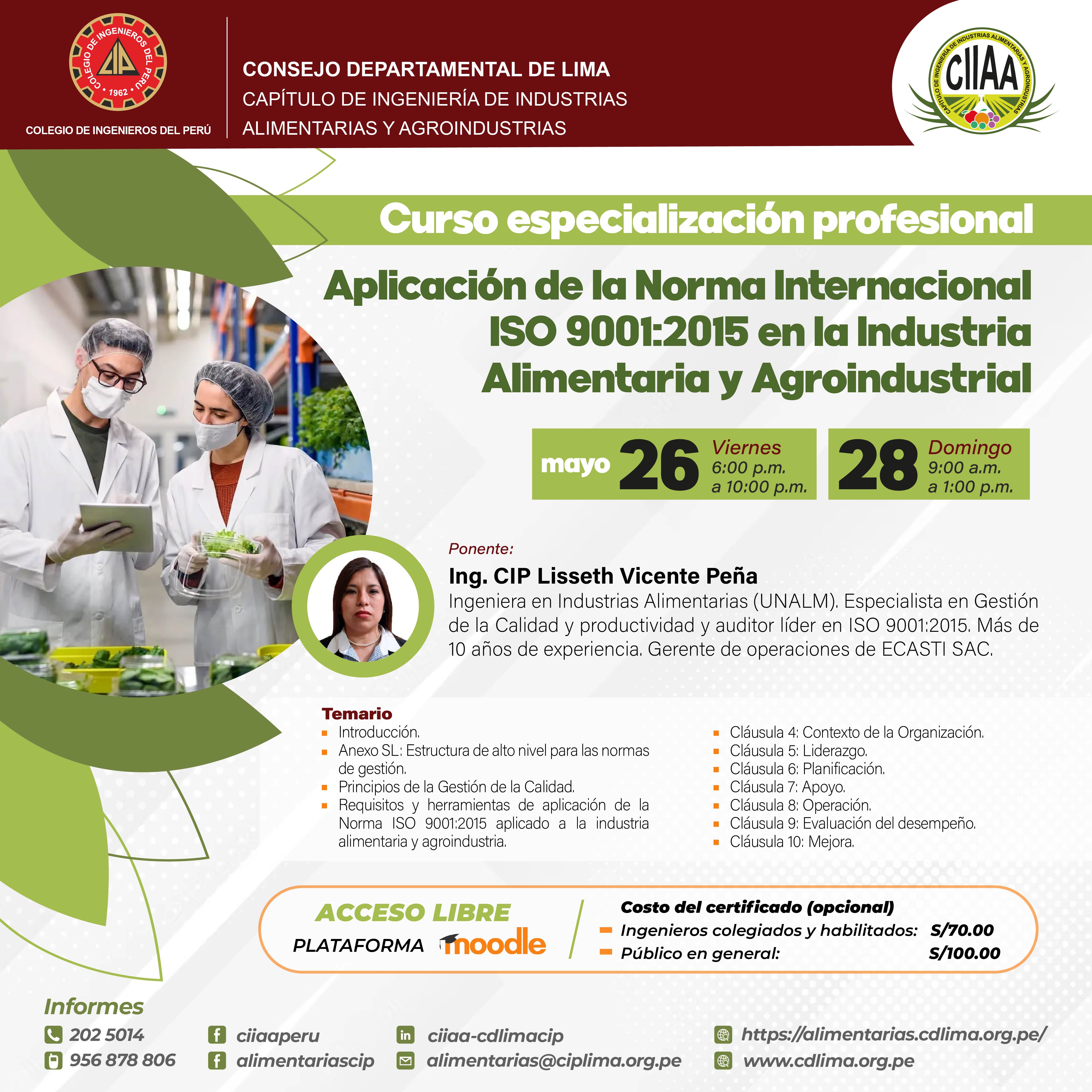 Curso de Especialización Profesional  Aplicación de la Norma Internacional ISO 9001:2015 en la industria Alimentaria y Agroindustrial