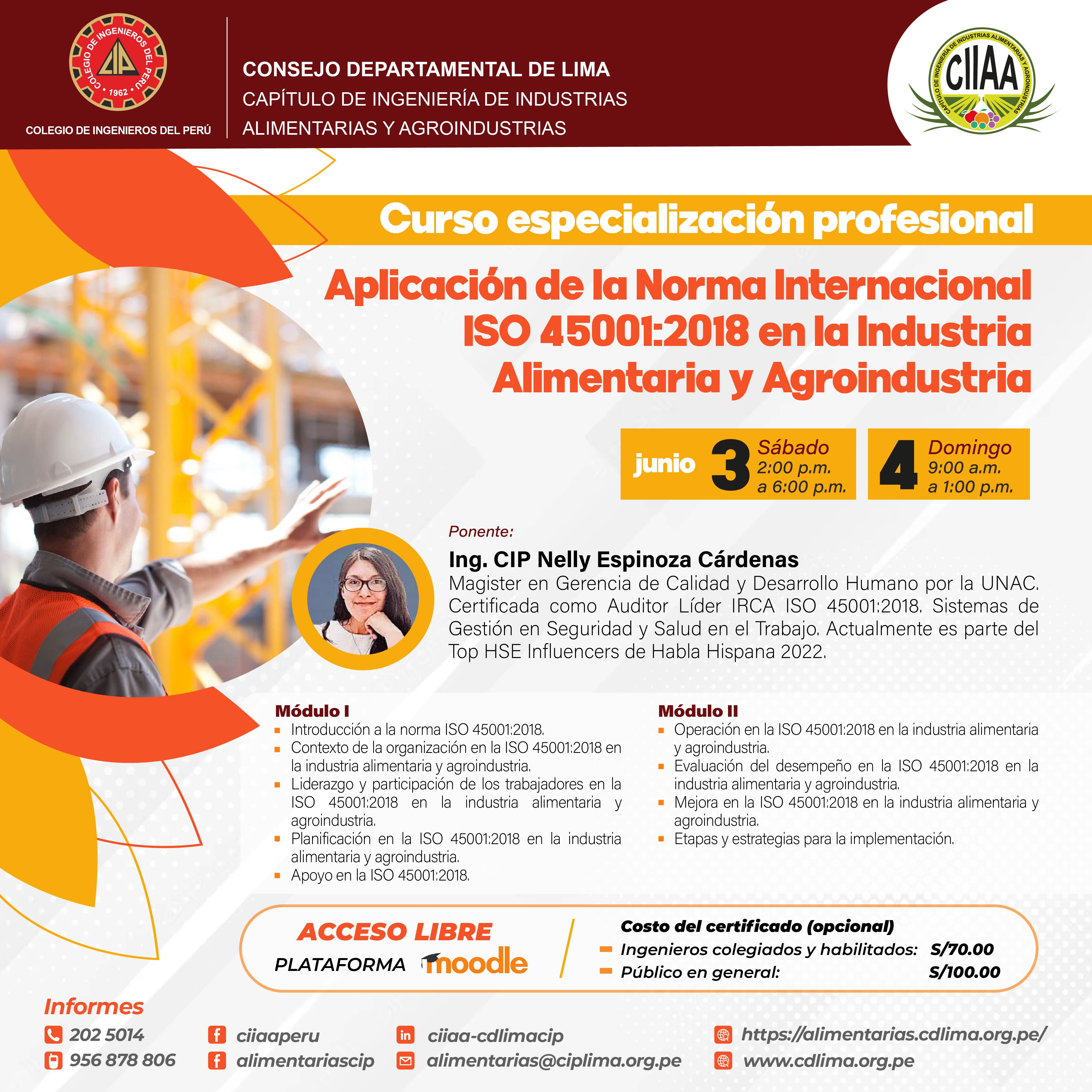 Curso de Especialización Profesional  Aplicación de la Norma Internacional ISO 45001:2018 en la industria Alimentaria y Agroindustrial
