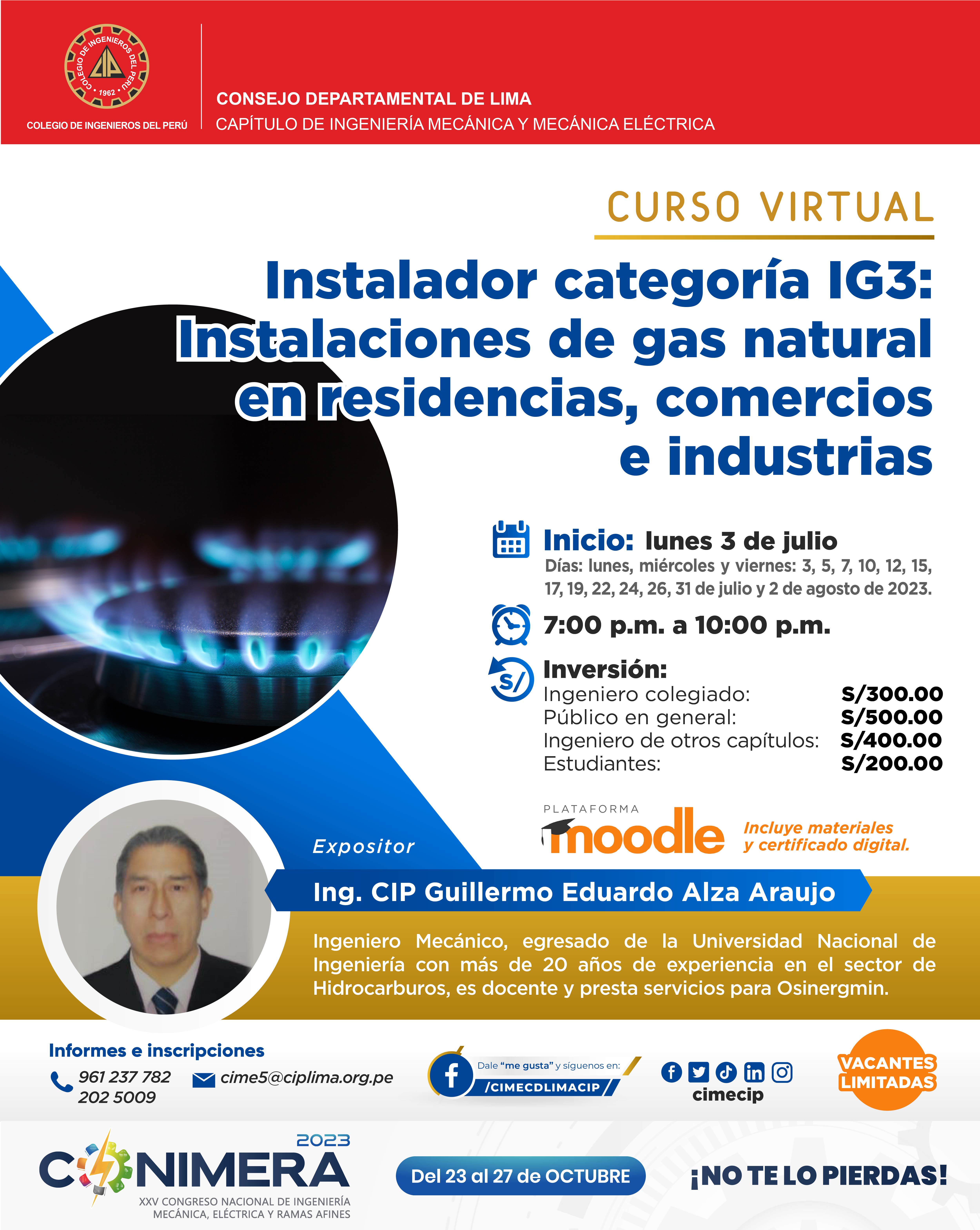 Instalador categoría IG3. Instalaciones de gas natural en residencias, comercios e industrias